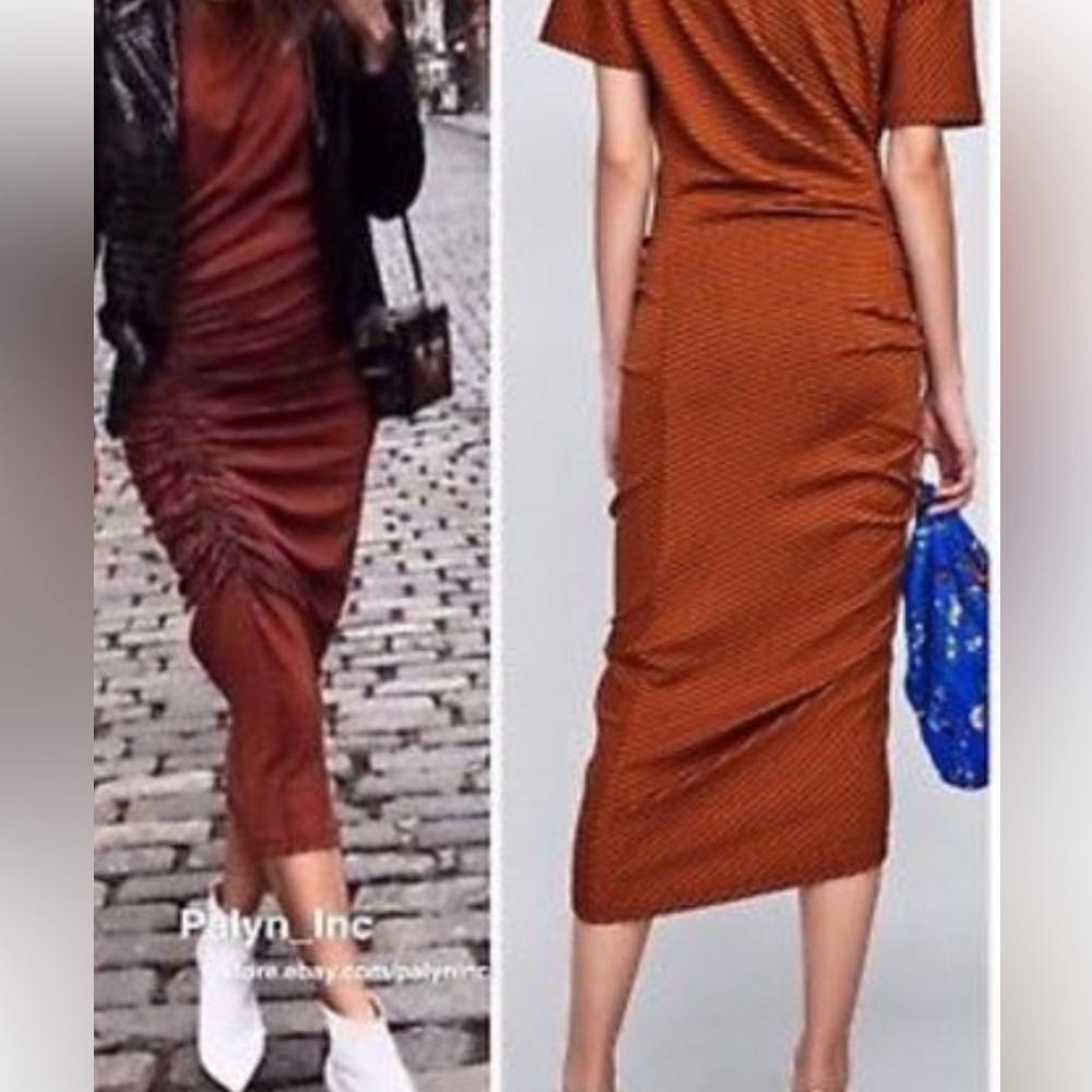 Zara Rust Orange Ruched Dress - Picture 3 of 8